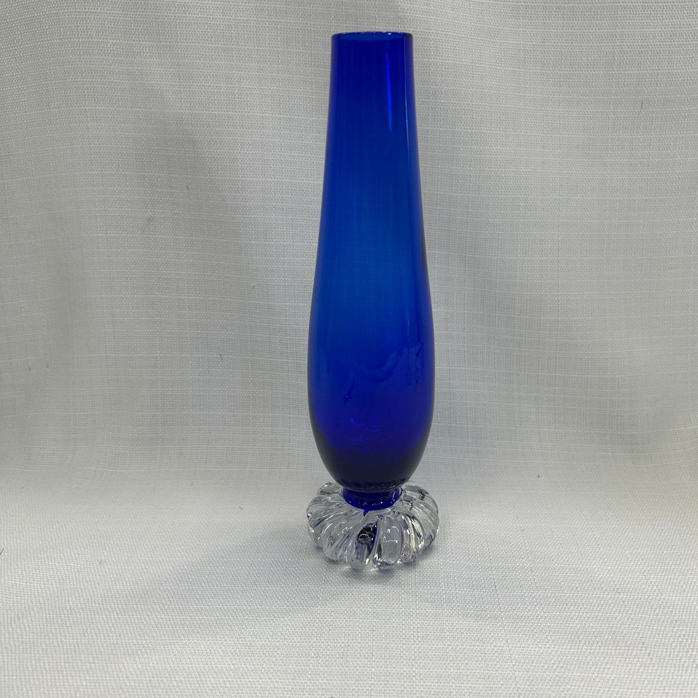 Bo Borgstrom Aseda Sweden Cobalt Blue Bud Vase 9" Clear Twisted Pedestal Base